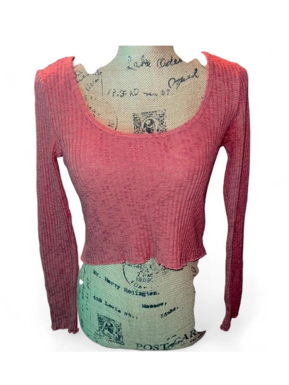 Forever 21 Pink Ribbed Crop Top Scoop Neck Long Sleeve Fitted Coquette Medium